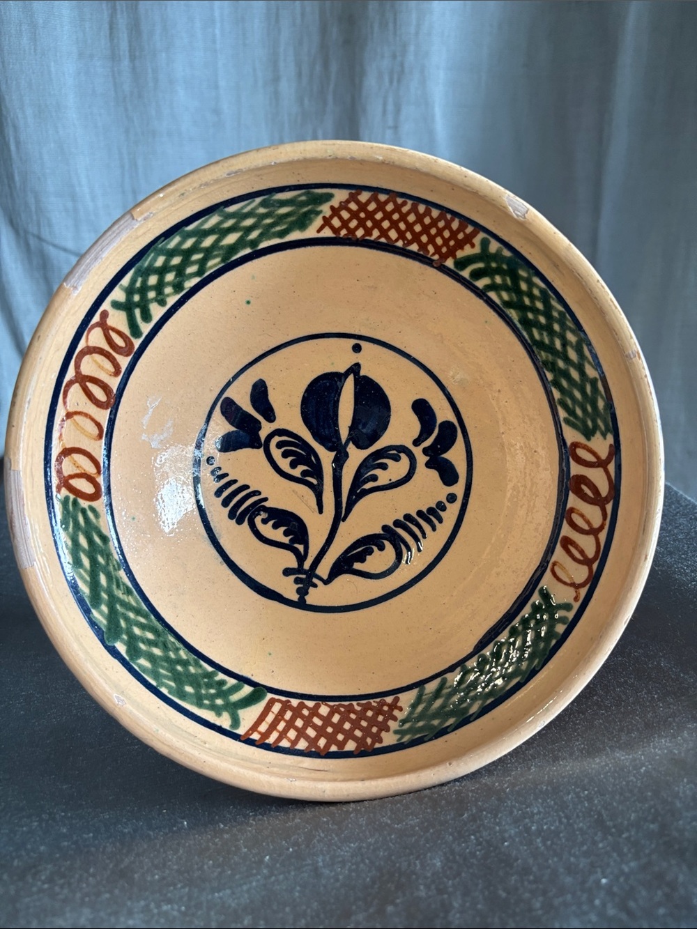 Hand-Painted Ceramic Decorative Bowl in Cream with Blue Floral Motif